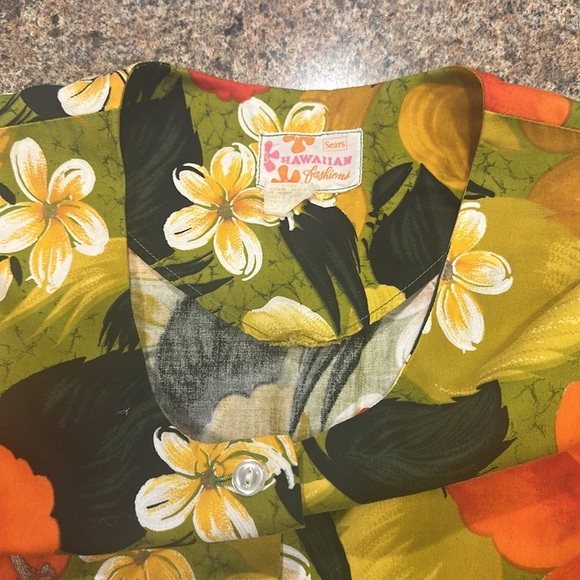 Sears Vintage 70s Hawaiian Fashions Button Up Short Sleeve Shirt Green Women - Picture 9 of 10